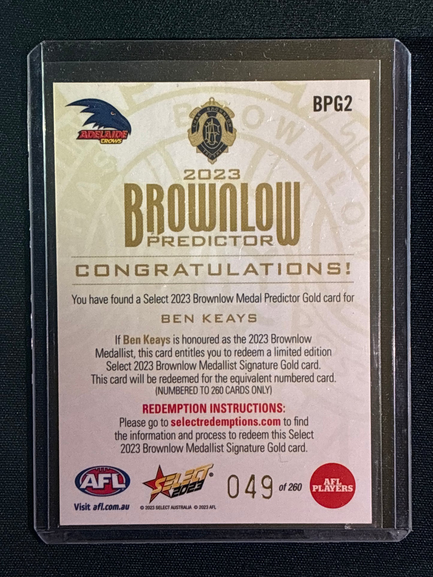 2023 Footy Stars BEN KEAYS Brownlow Predictor Gold 49/260