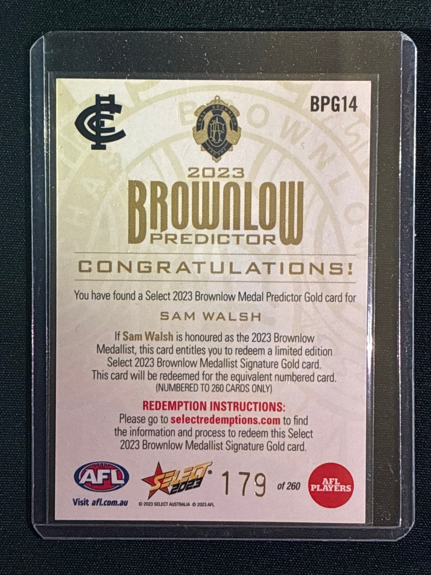 2023 Footy Stars SAM WALSH Brownlow Predictor Gold 179/260
