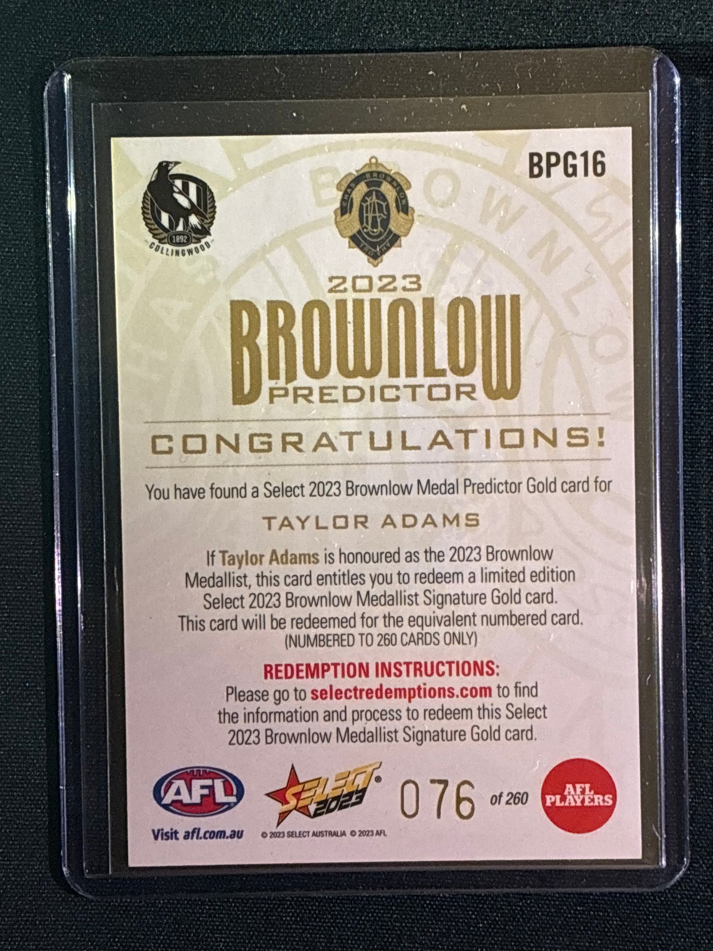 2023 Footy Stars TAYLOR ADAMS Brownlow Predictor Gold 76/260