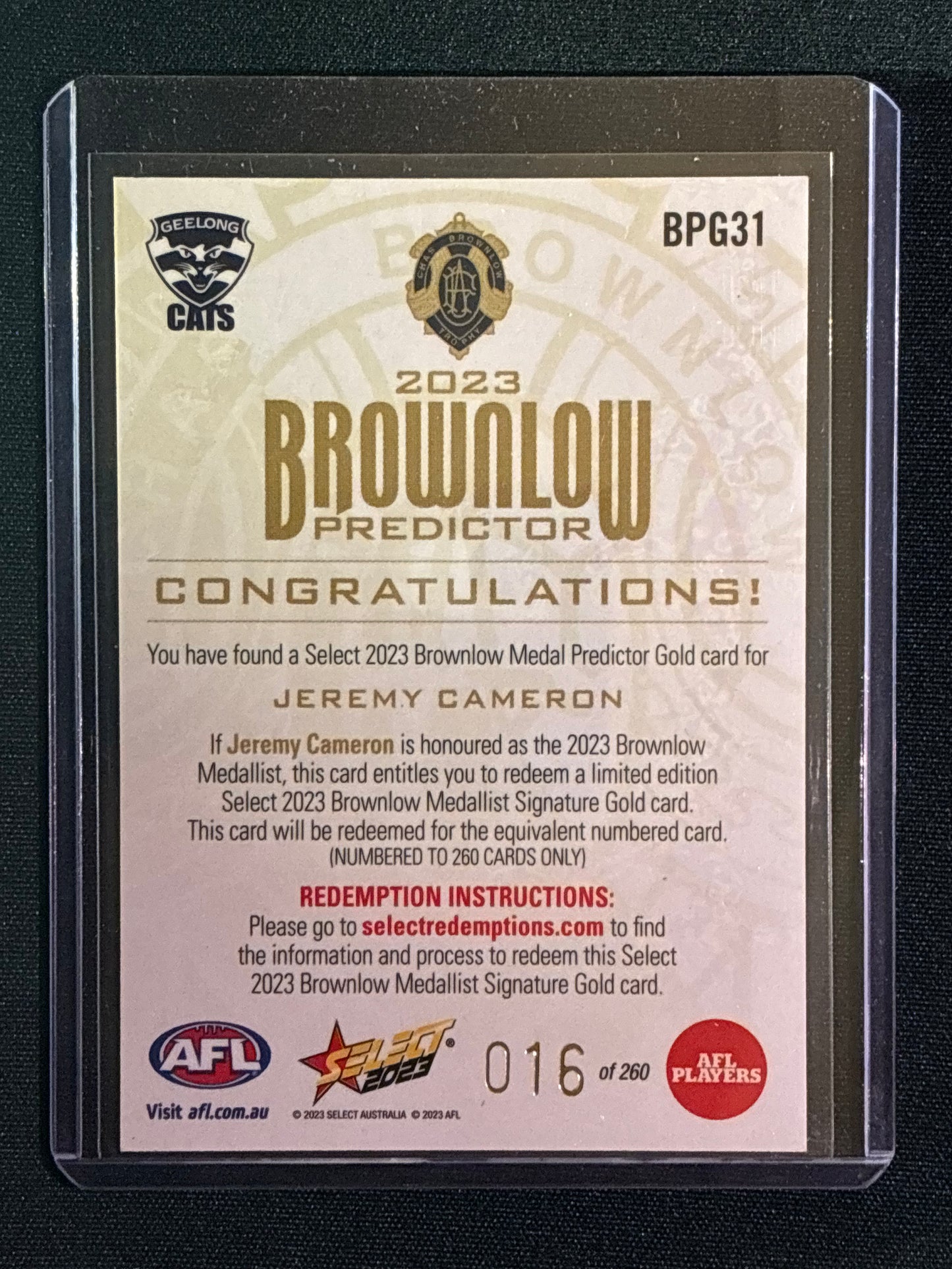 2023 Footy Stars JEREMY CAMERON Brownlow Predictor Gold 16/260