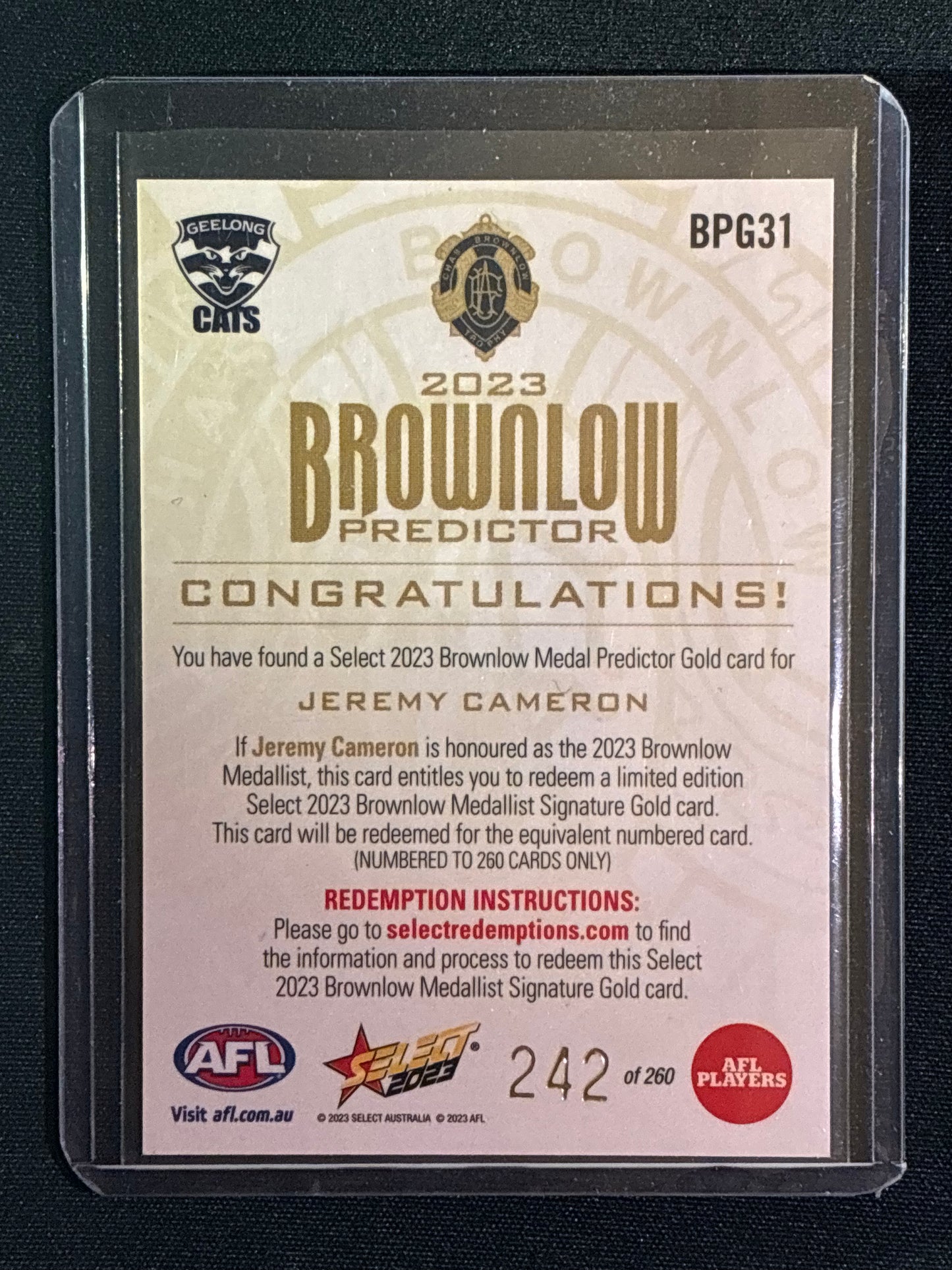 2023 Footy Stars JEREMY CAMERON Brownlow Predictor Gold 242/260