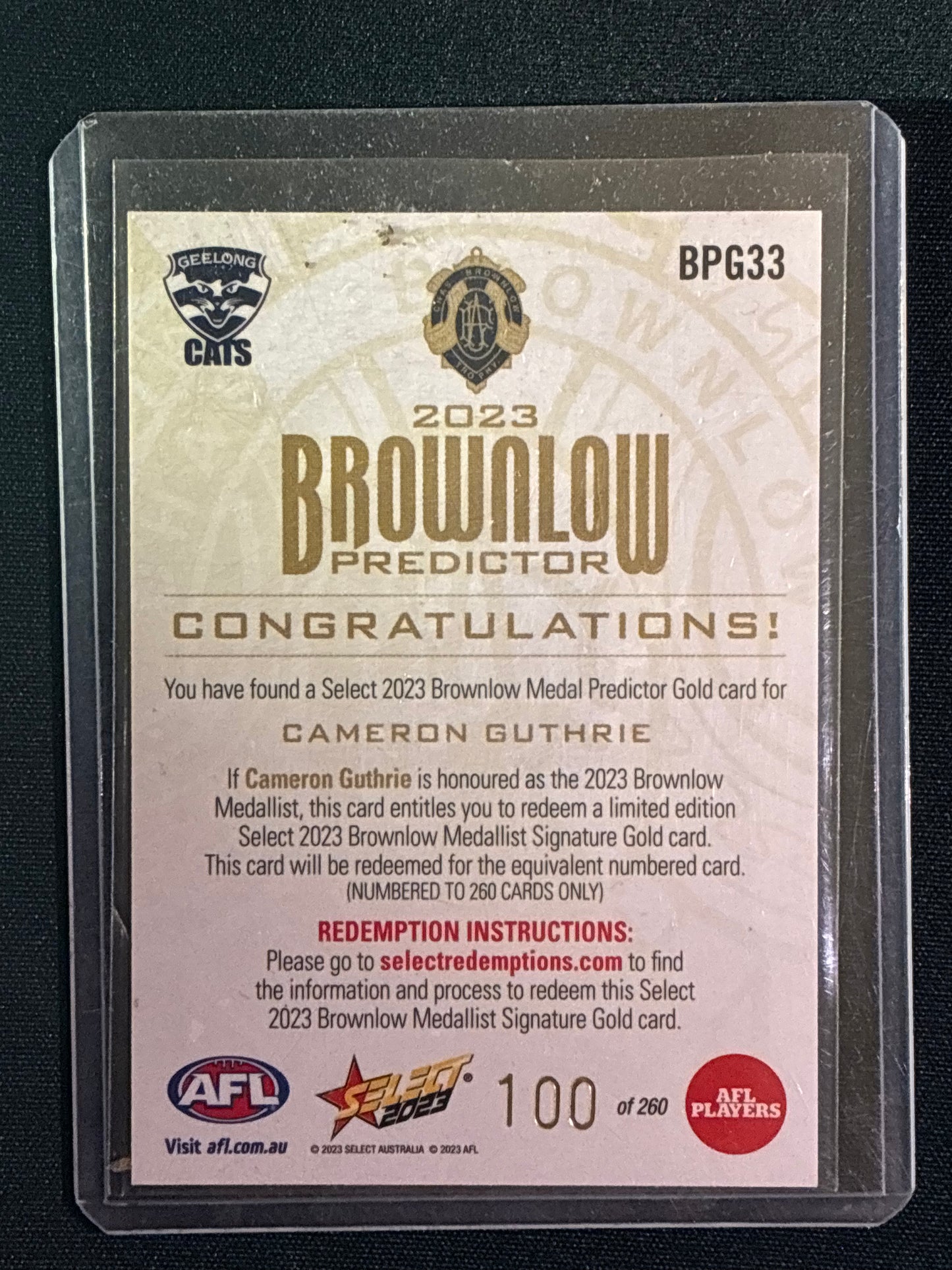 2023 Footy Stars CAMERON GUTHRIE Brownlow Predictor Gold 100/260