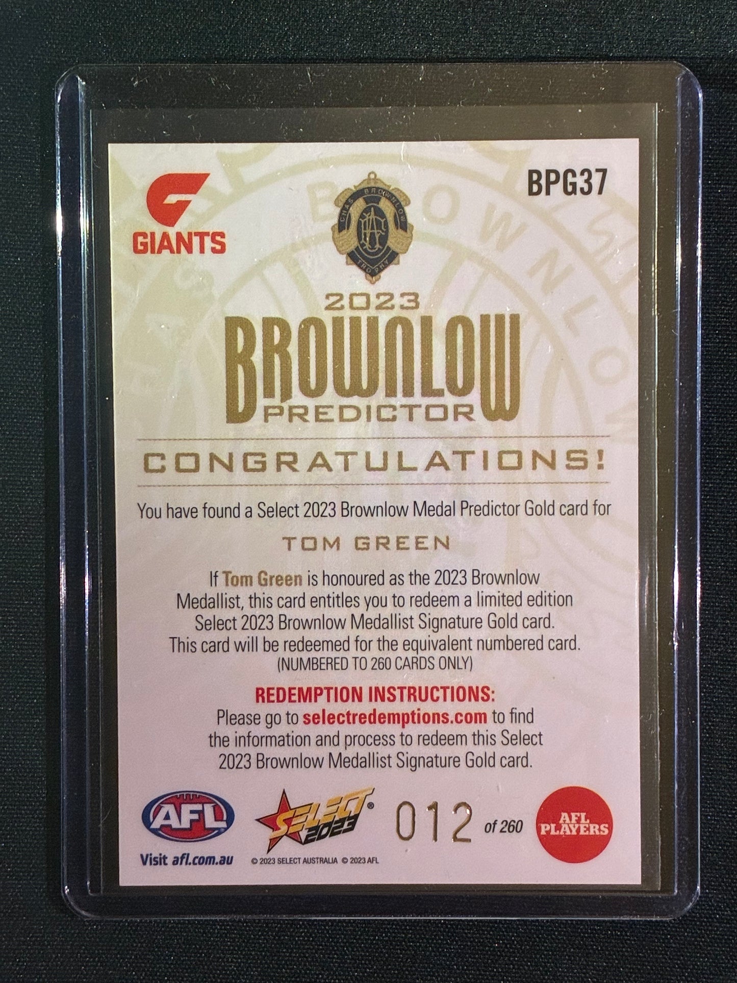 2023 Footy Stars TOM GREEN Brownlow Predictor Gold 12/260 1/1