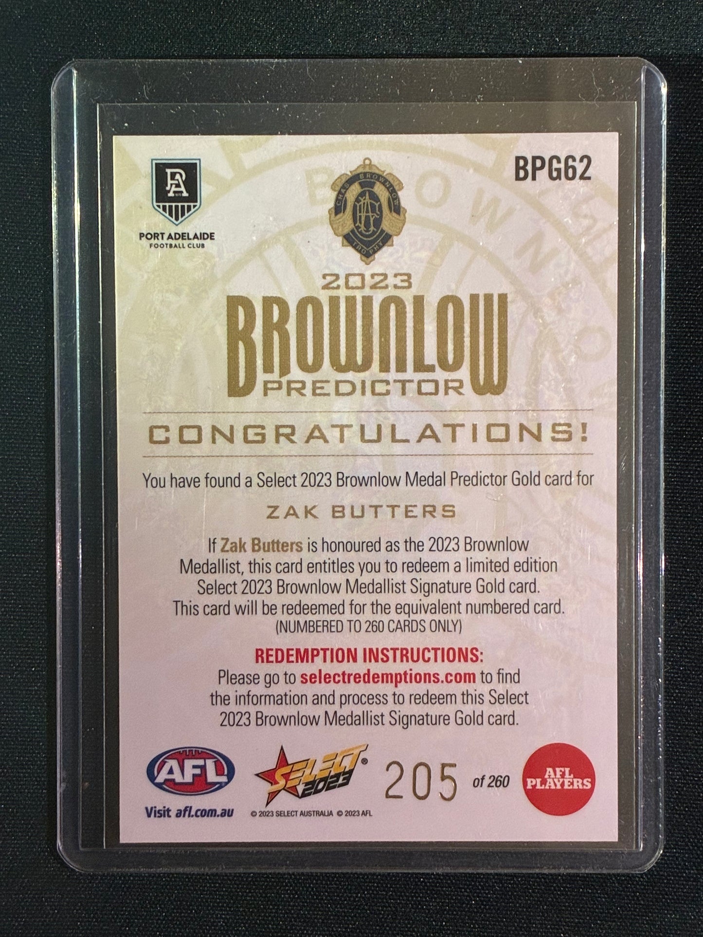 2023 Footy Stars ZAK BUTTERS Brownlow Predictor Gold 205/260