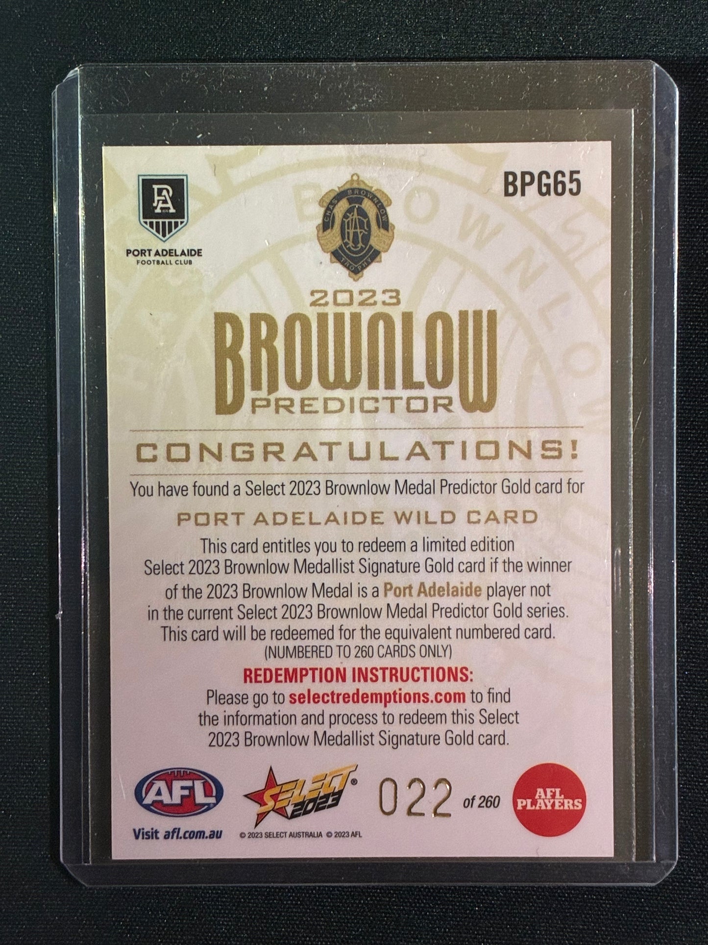 2023 Footy Stars PORT ADELAIDE WILD CARD Brownlow Predictor Gold 22/260