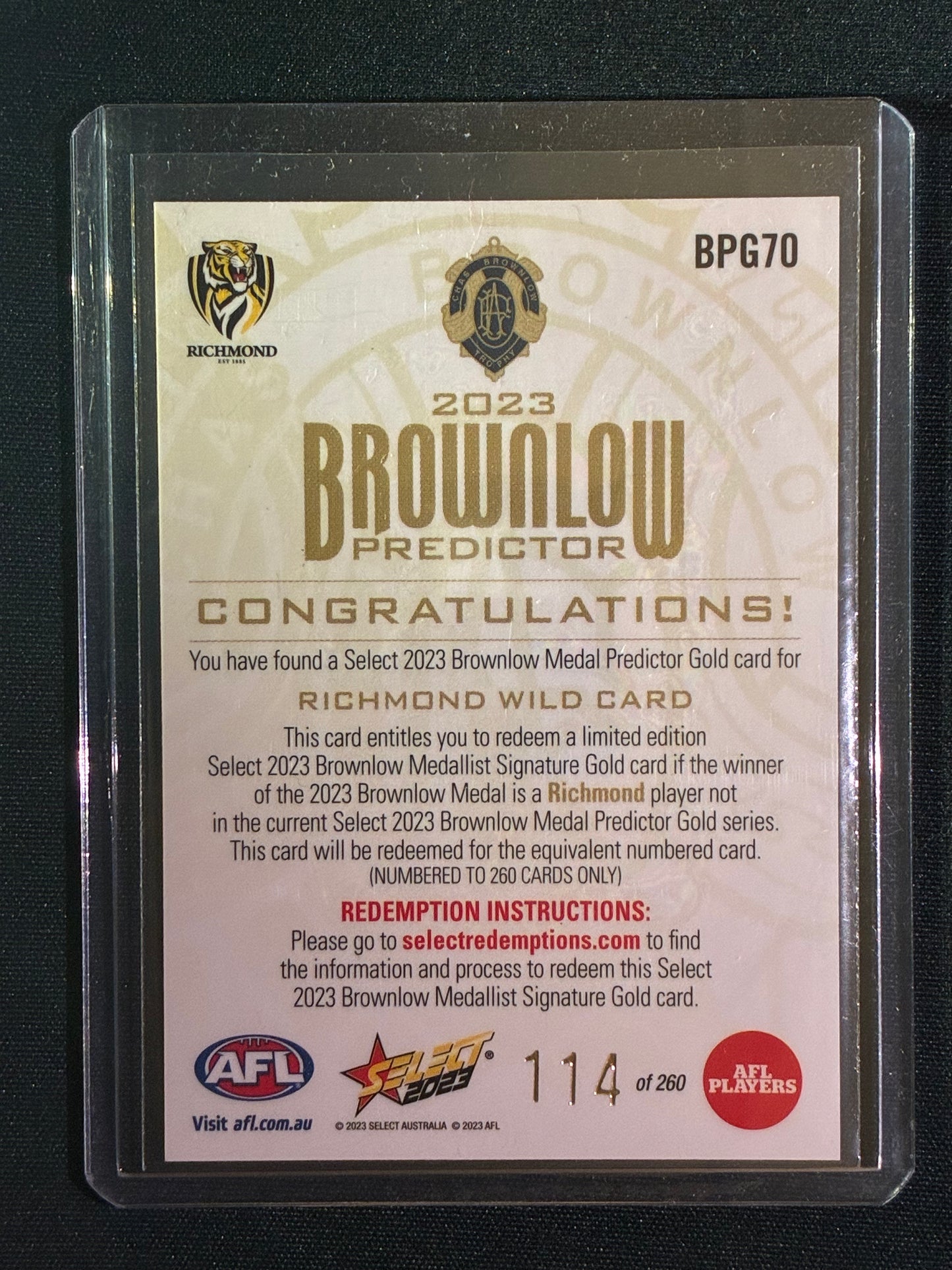 2023 Footy Stars RICHMOND TIGERS WILD CARD Brownlow Predictor Gold 114/260