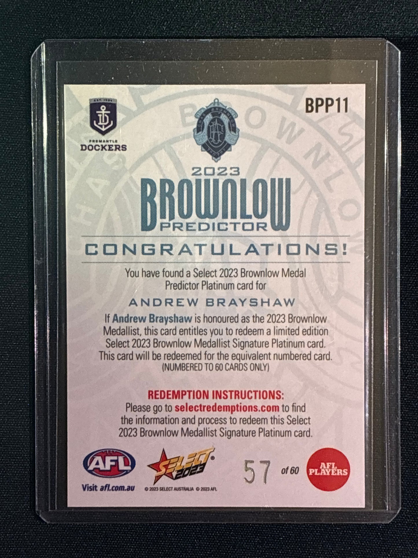 2023 Footy Stars ANDREW BRAYSHAW Brownlow Predictor Platinum 57/60
