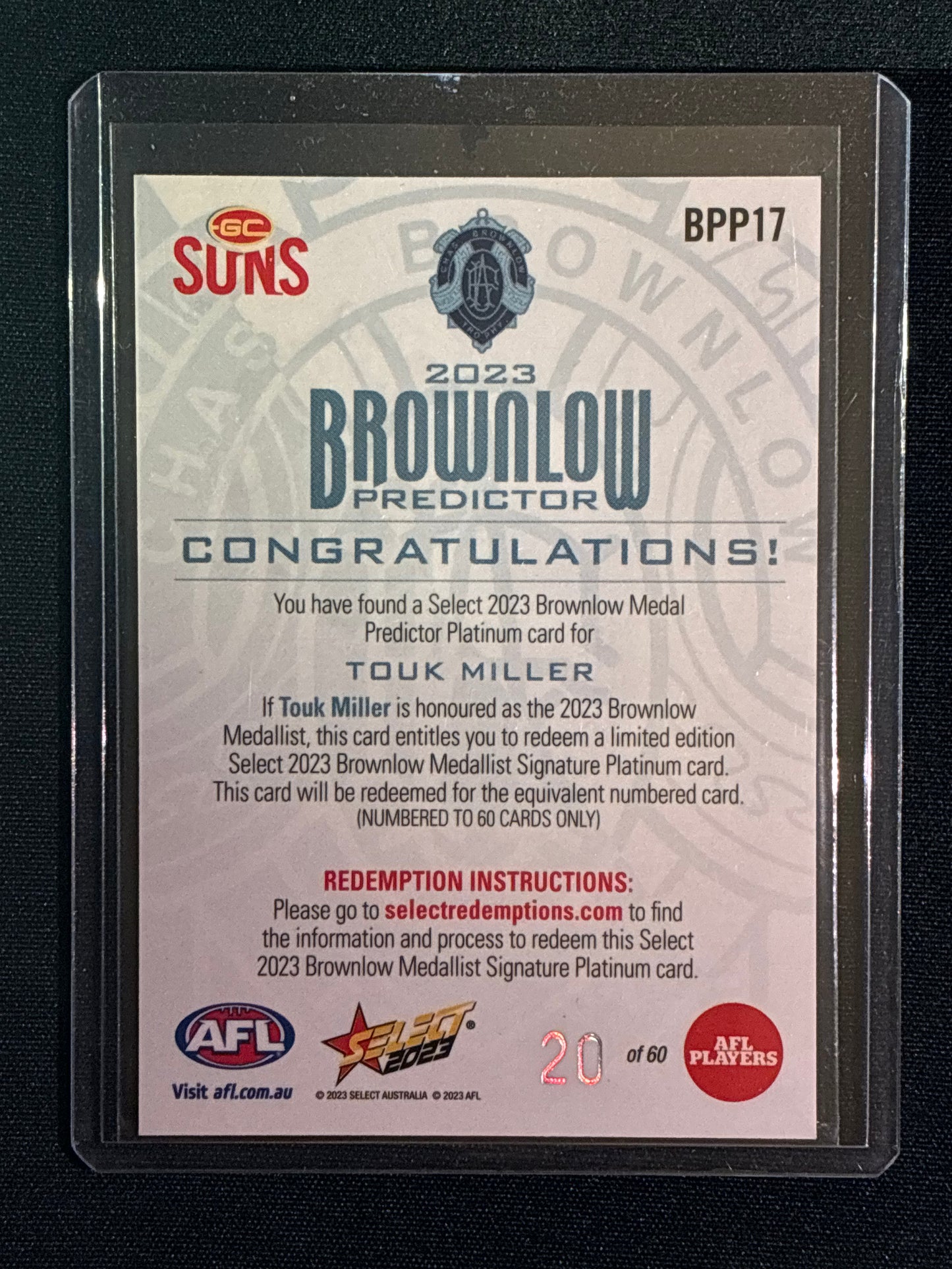 2023 Footy Stars TOUK MILLER Brownlow Predictor Platinum 20/60