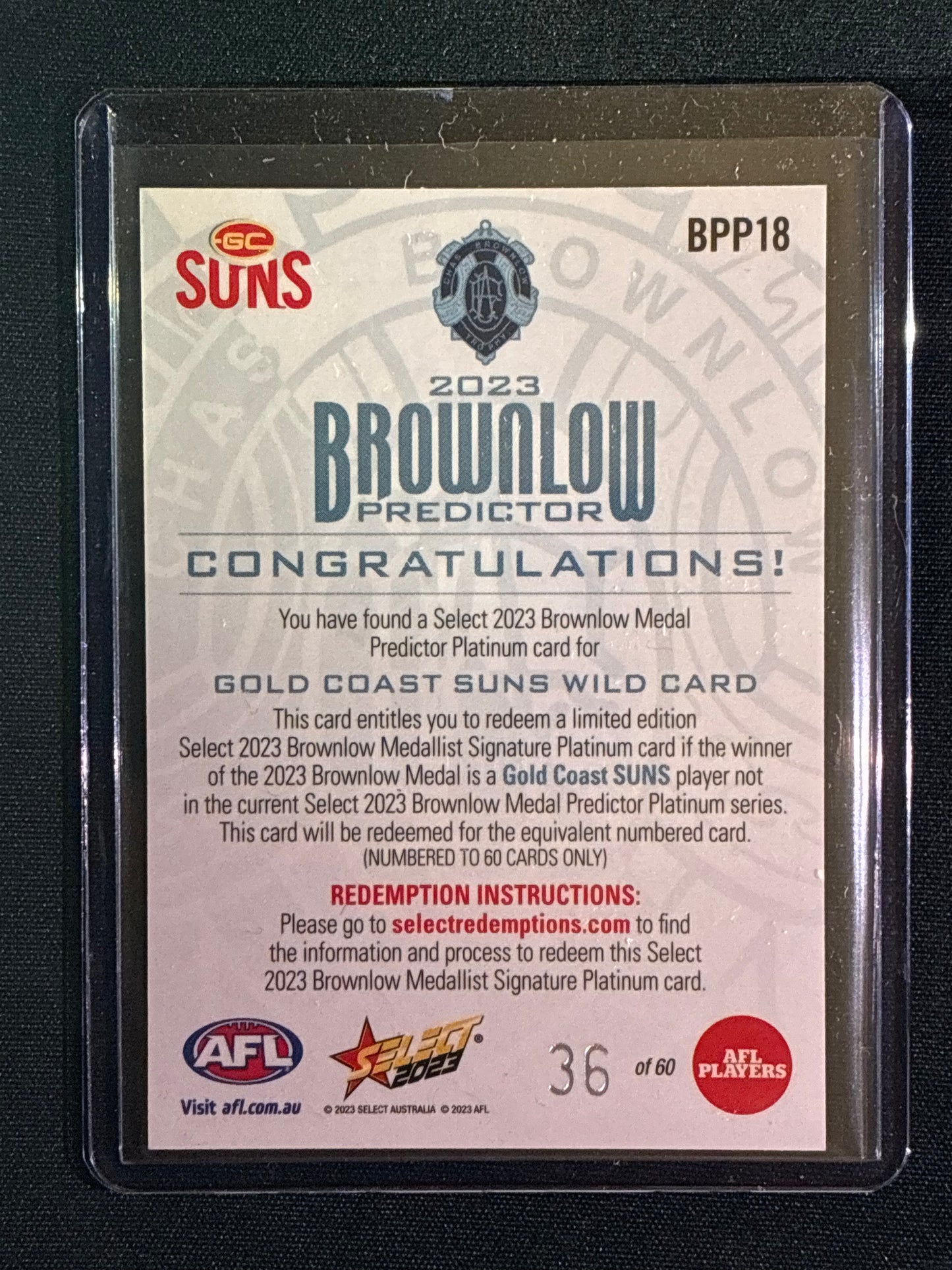 2023 Footy Stars GOLD COAST SUNS WILD CARD Brownlow Predictor Platinum 36/60