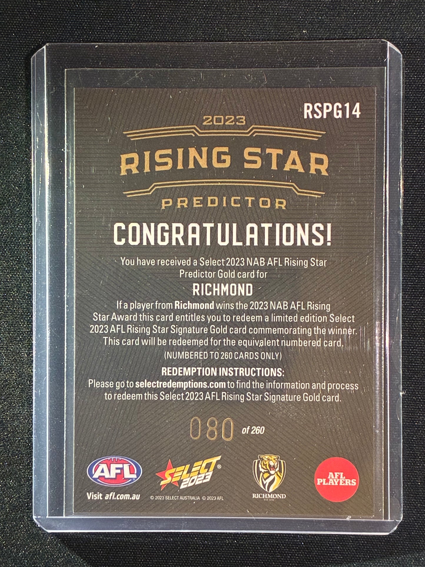 2023 Footy Stars RICHMOND TIGERS Rising Star Predictor Gold 80/260