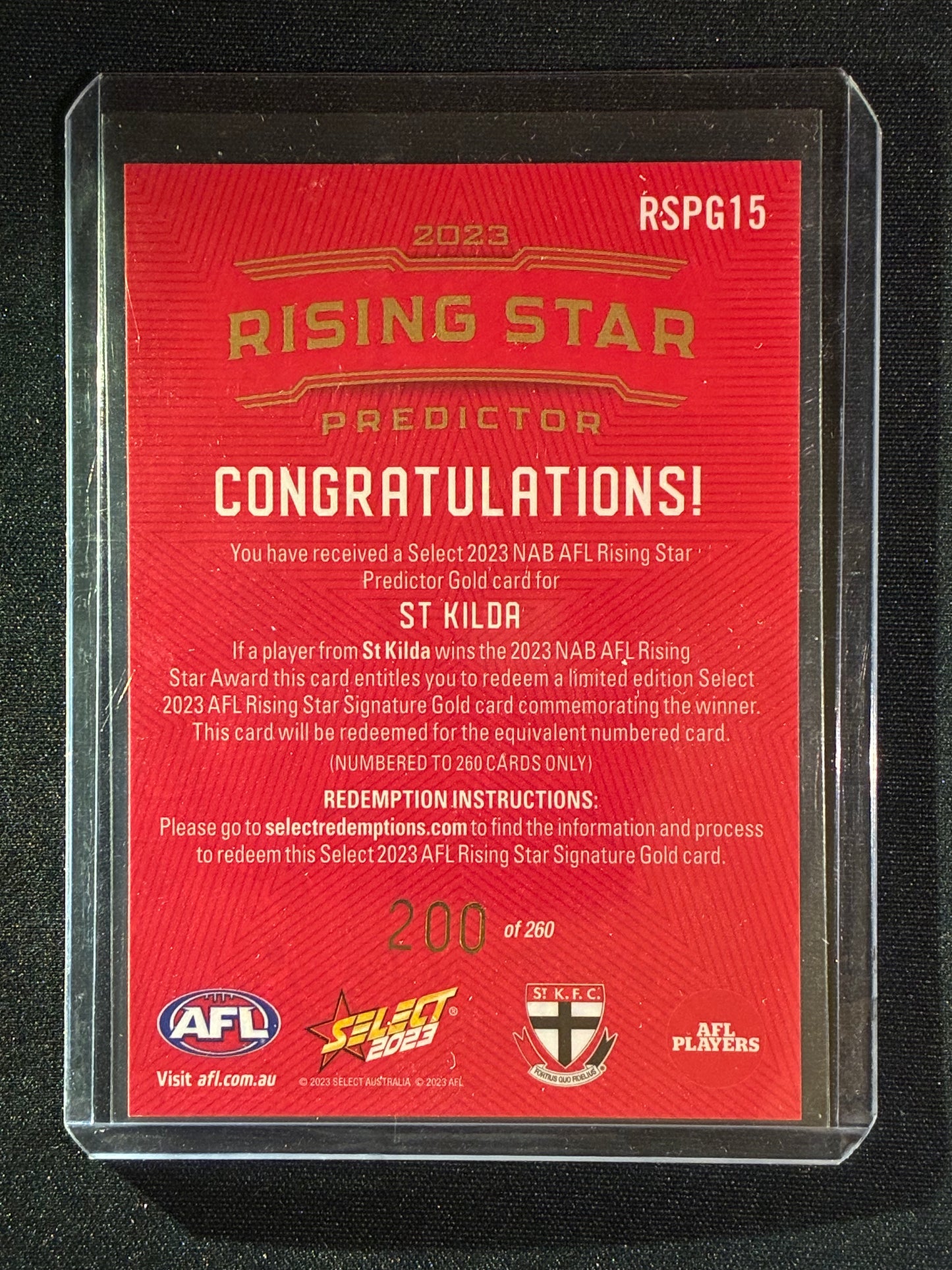 2023 Footy Stars ST. KILDA SAINTS Rising Star Predictor Gold 200/260