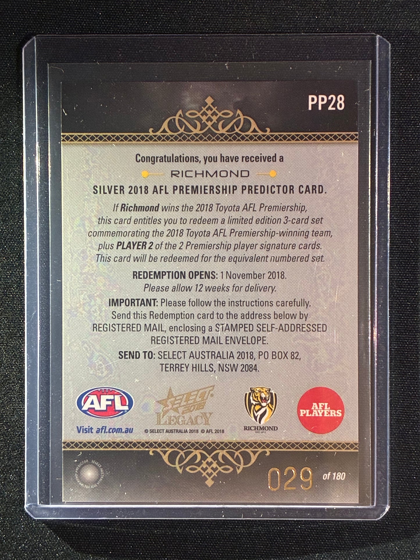 2018 Legacy RICHMOND TIGERS Premiership Predictor Silver 29/180