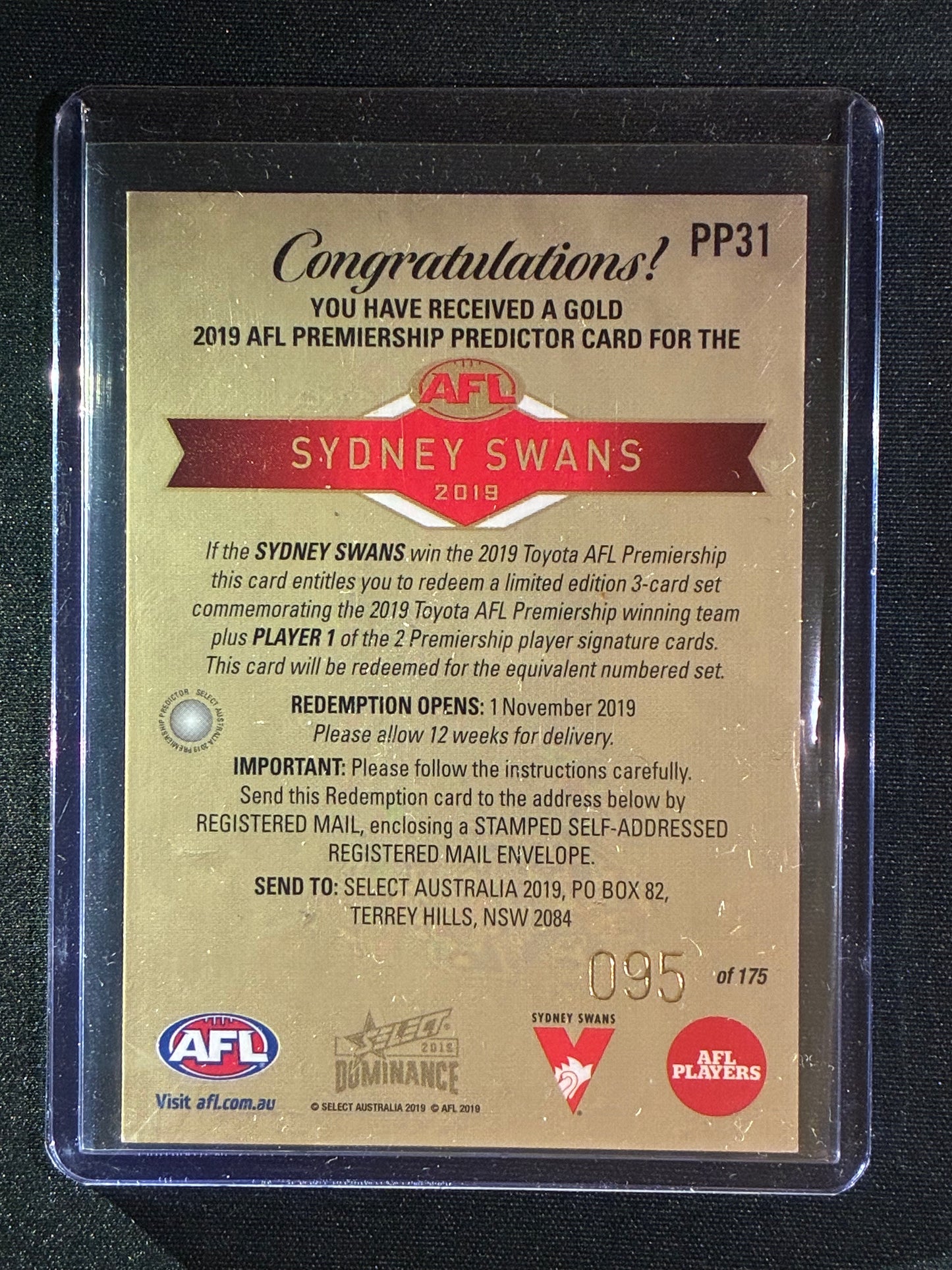 2019 Dominance SYDNEY SWANS Premiership Predictor Gold 95/175