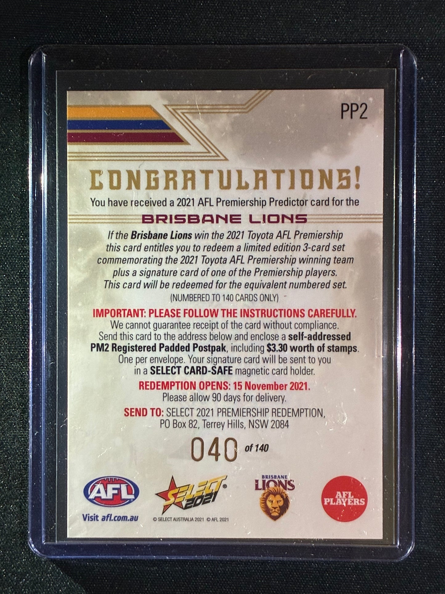 2021 Footy Stars BRISBANE LIONS Premiership Predictor Gold 40/140