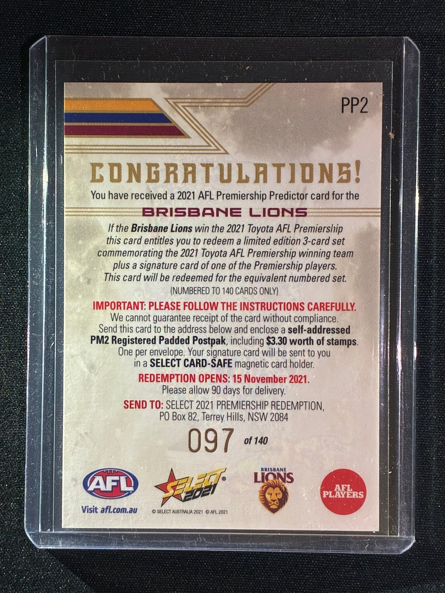 2021 Footy Stars BRISBANE LIONS Premiership Predictor Gold 97/140