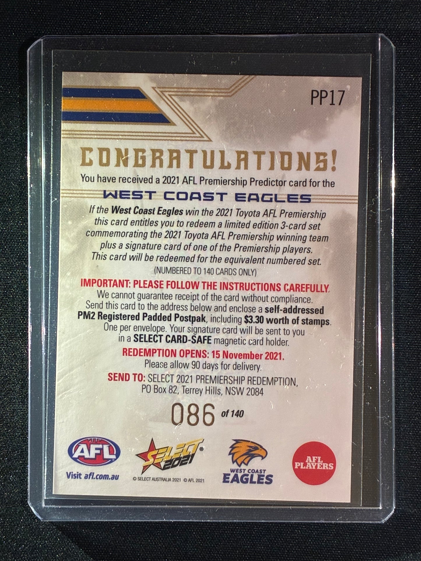 2021 Footy Stars WEST COAST EAGLES Premiership Predictor Gold 86/140