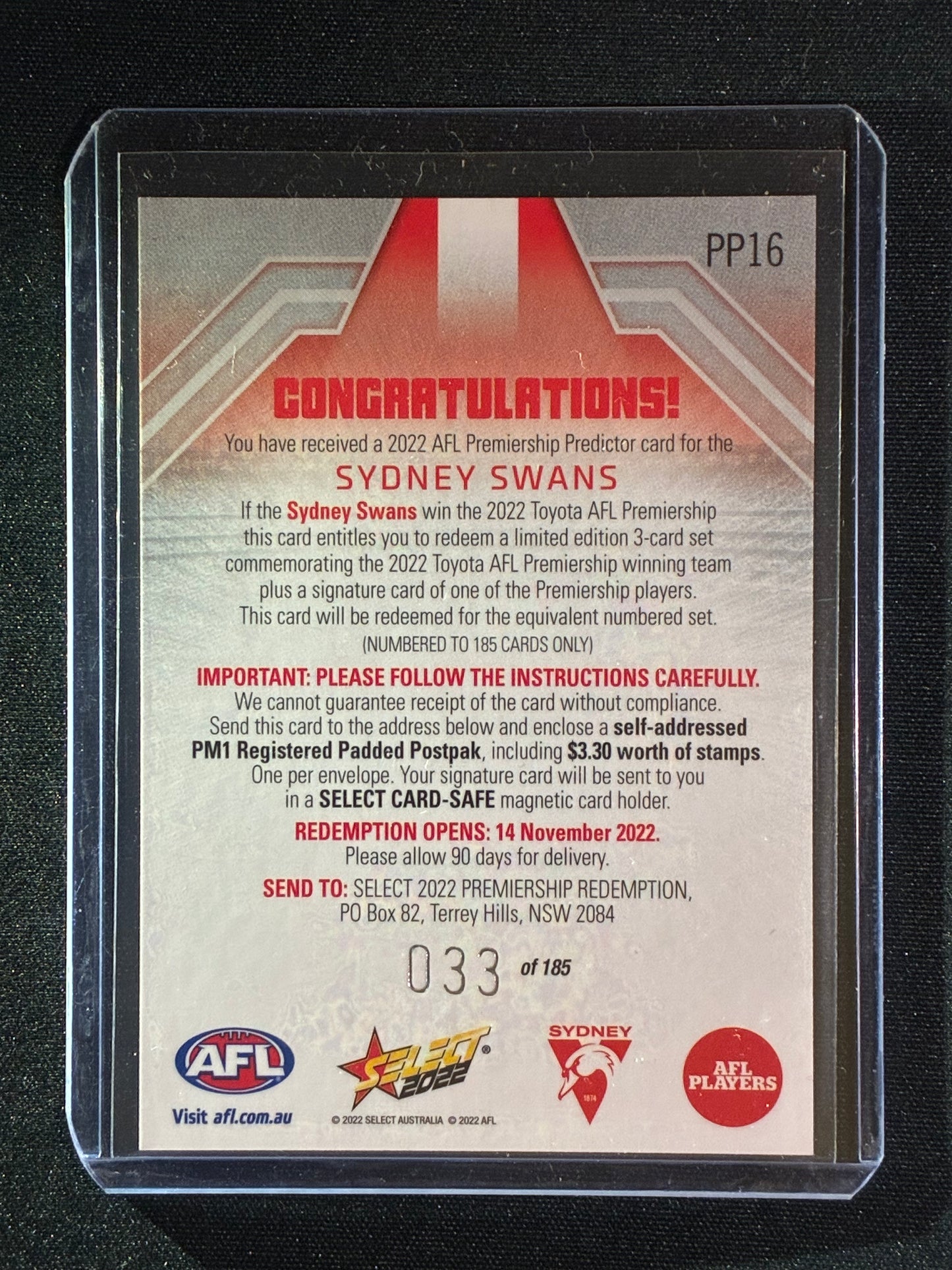 2022 Footy Stars SYDNEY SWANS Premiership Predictor Silver 33/185