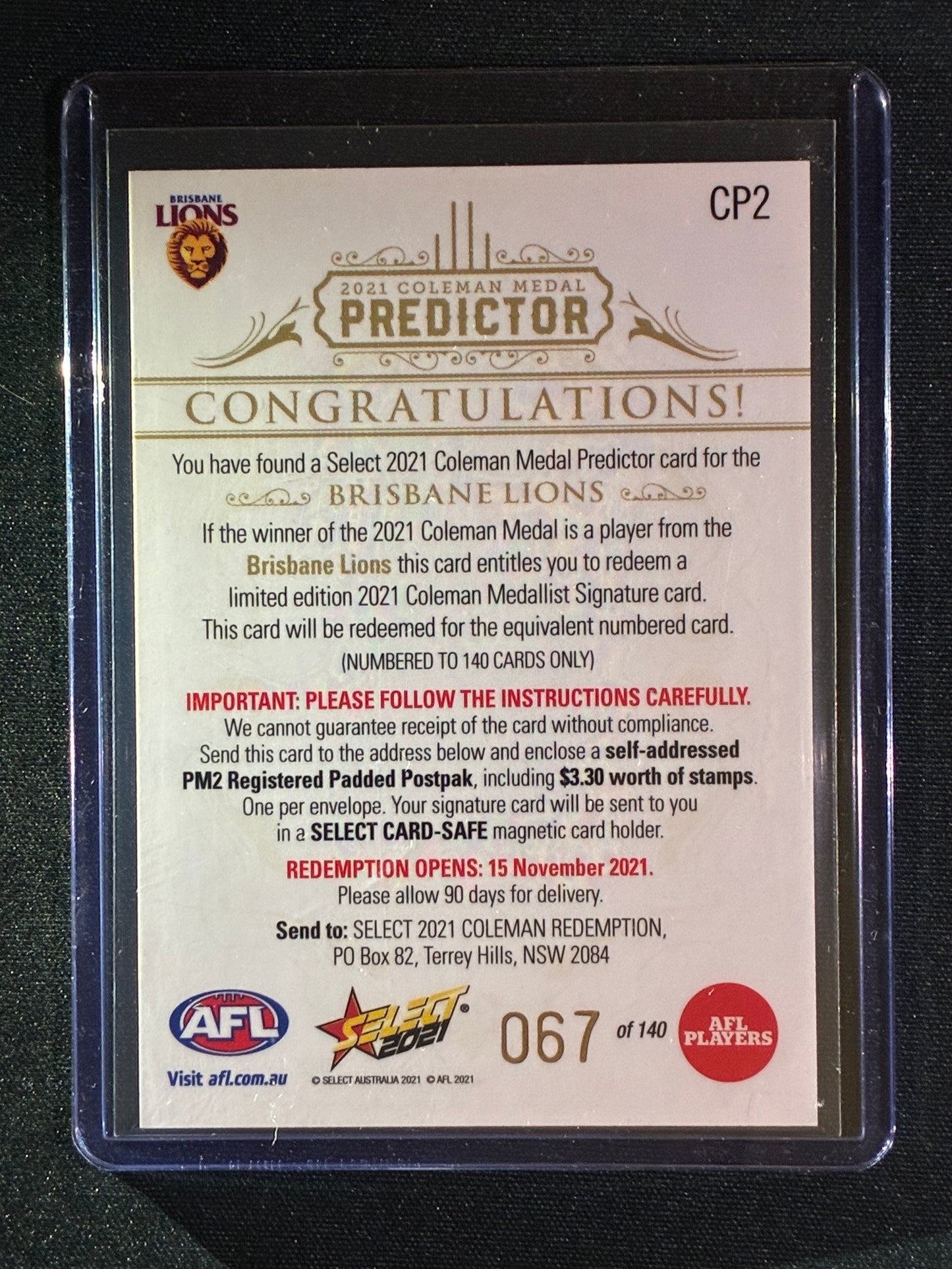 2021 Footy Stars BRISBANE LIONS Coleman Medal Predictor Gold 67/140