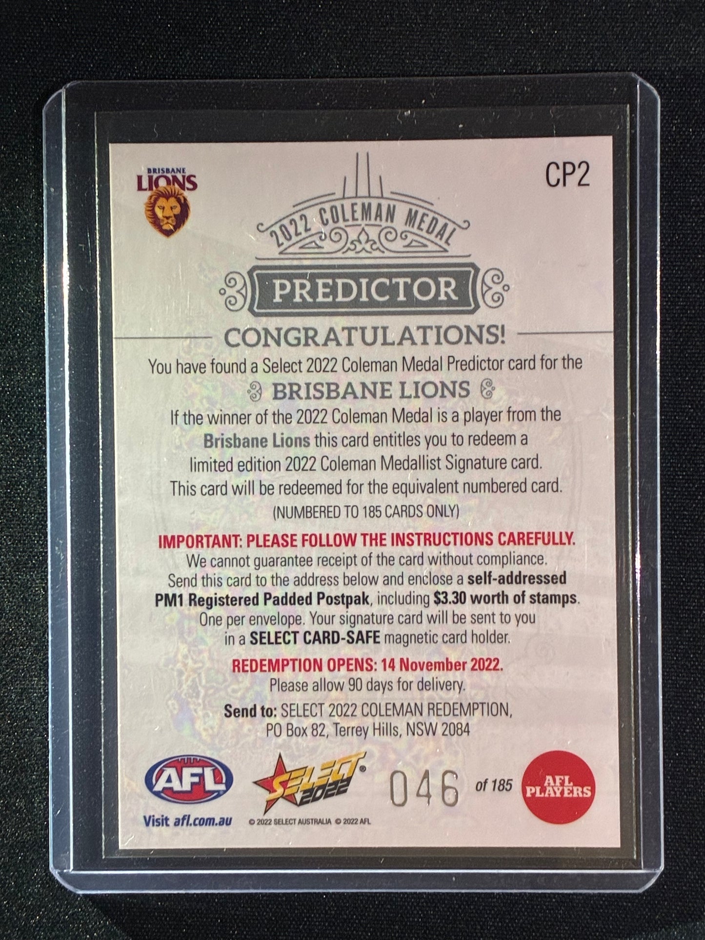 2022 Footy Stars BRISBANE LIONS Coleman Medal Predictor Silver 46/185