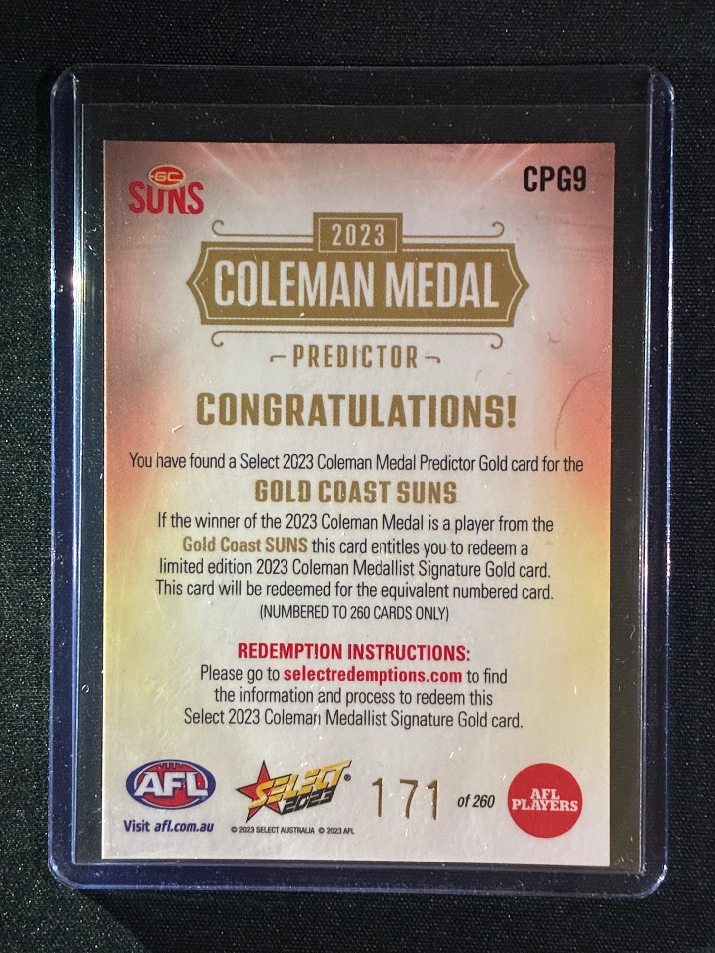 2023 Footy Stars GOLD COAST SUNS Coleman Medal Predictor Gold 171/260