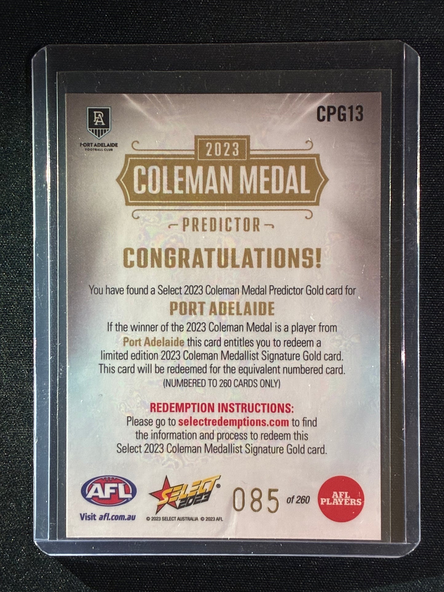 2023 Footy Stars PORT ADELAIDE POWER Coleman Medal Predictor Gold 85/260