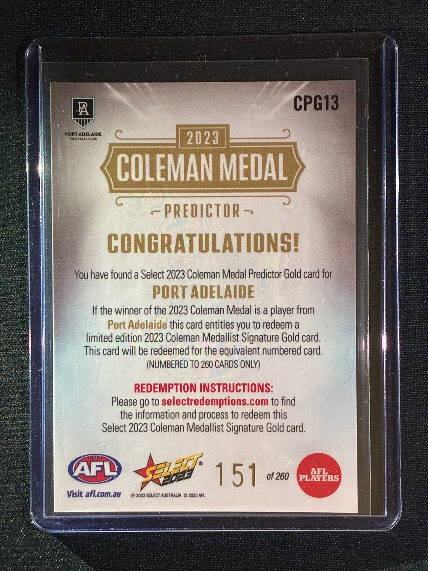 2023 Footy Stars PORT ADELAIDE POWER Coleman Medal Predictor Gold 151/260