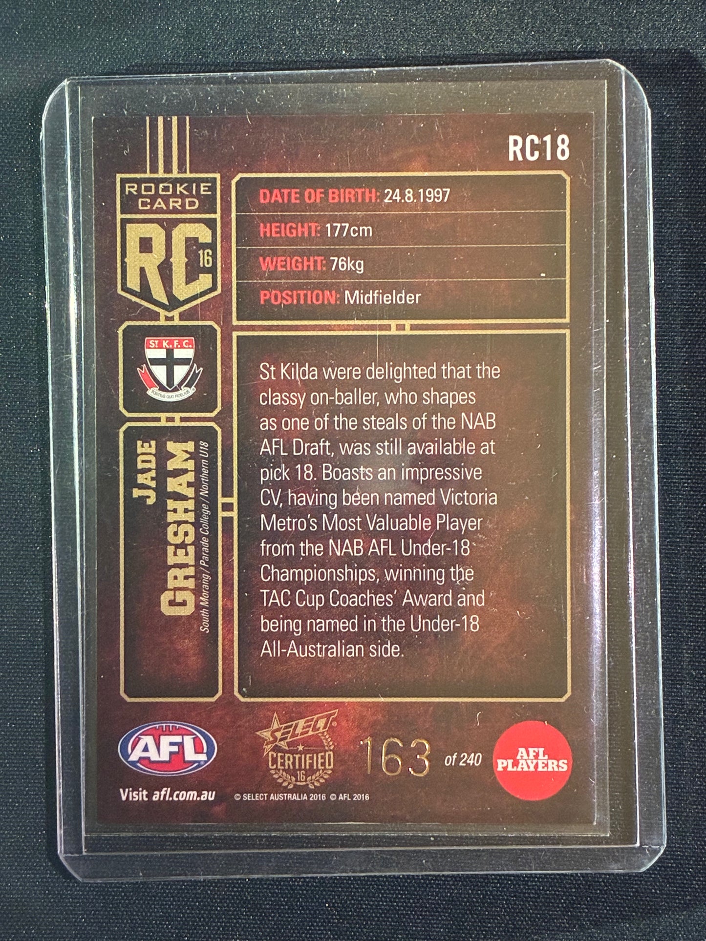 2016 Certified JADE GRESHAM Rookie Card 163/240