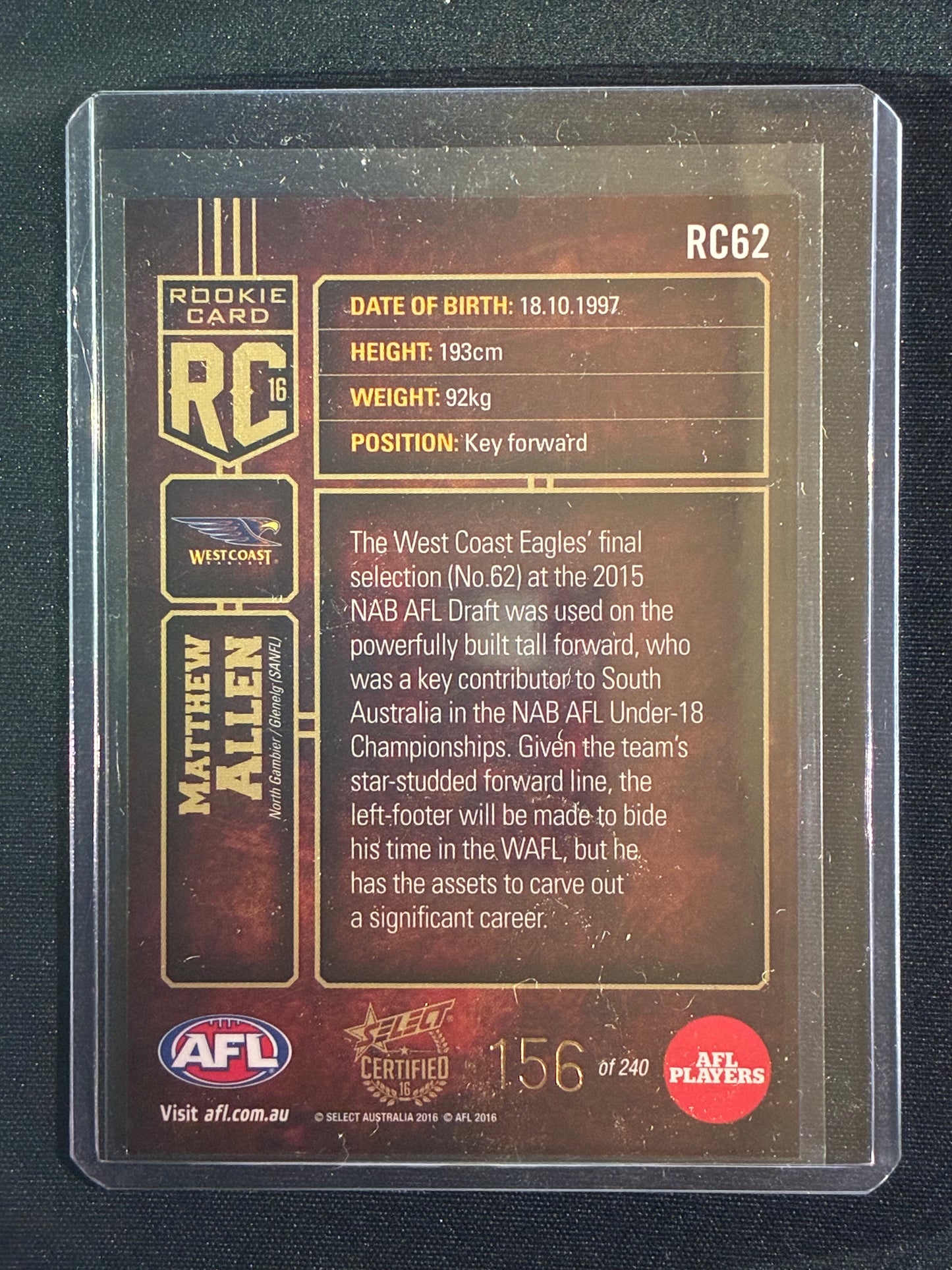 2016 Certified MATTHEW ALLEN Rookie Card 156/240