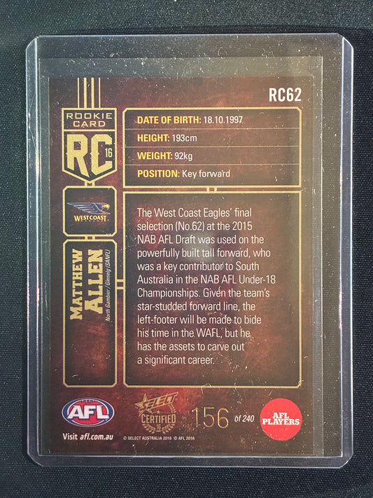 2016 Certified MATTHEW ALLEN Rookie Card 156/240