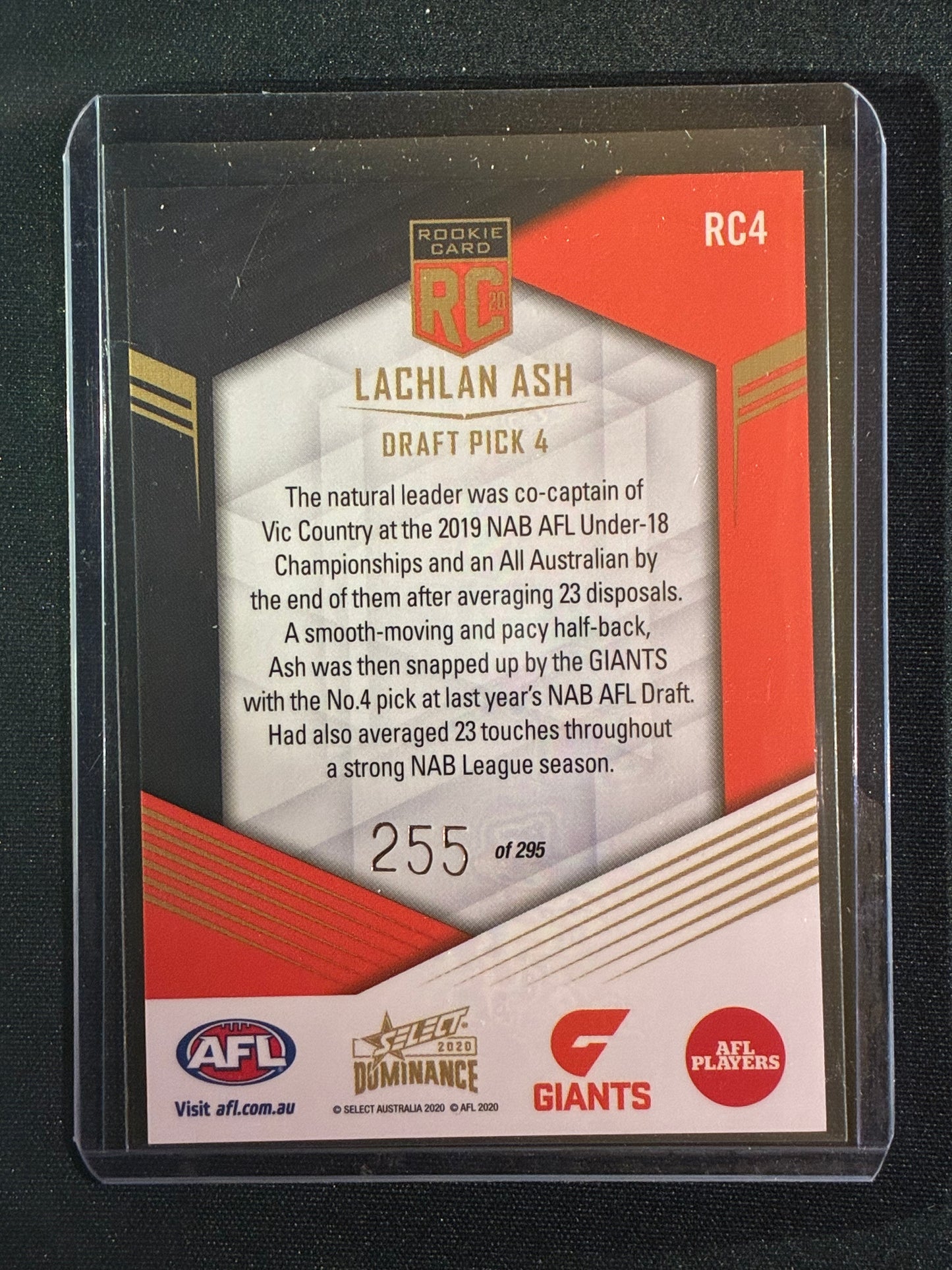 2020 Dominance LACHLAN ASH Rookie Card 255/295