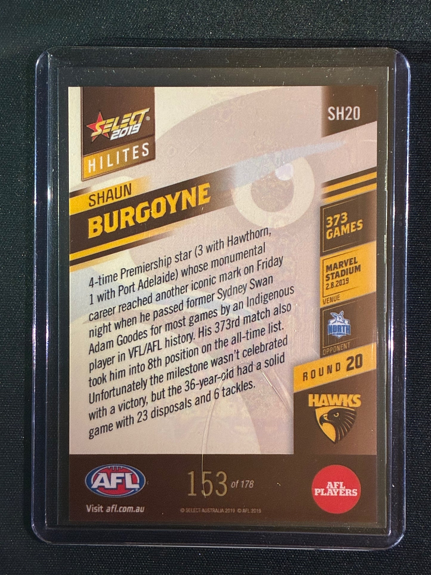 2019 Select SHAUN BURGOYNE Hilites Round 20 153/178