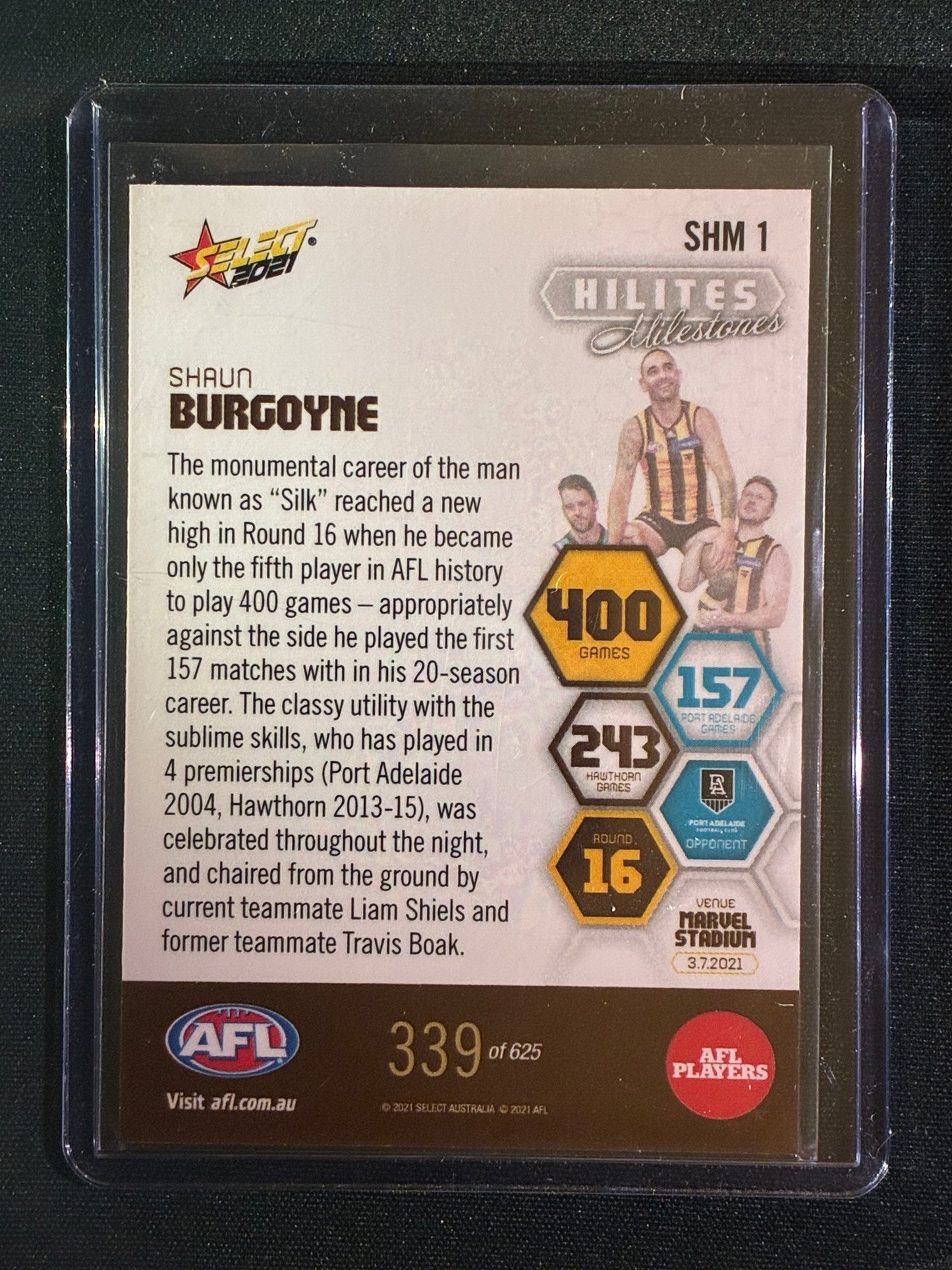 2021 Select SHAUN BURGOYNE Hilites Milestones 400 Games 339/625