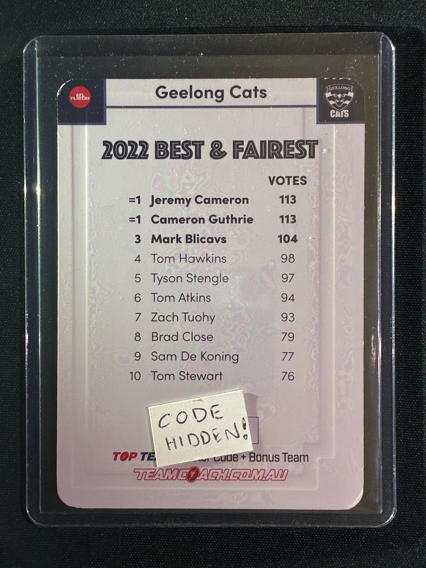2023 Team Coach GEELONG CATS Best & Fairest Gold Teamcoach #7 Jeremy Cameron