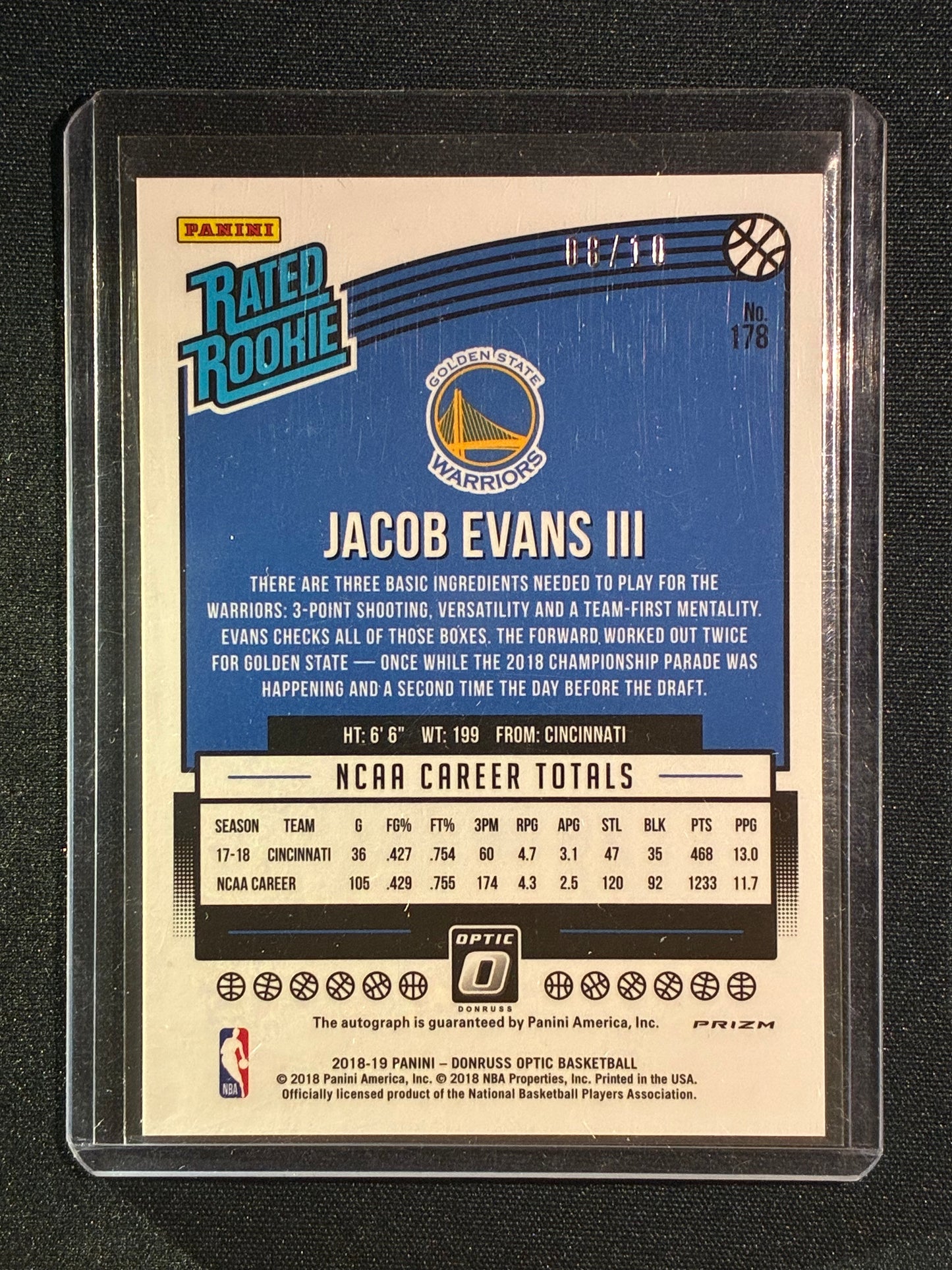 2018-19 Donruss Optic JACOB EVANS III Rated Rookie Signature Auto Gold Prizm 8/10 #178