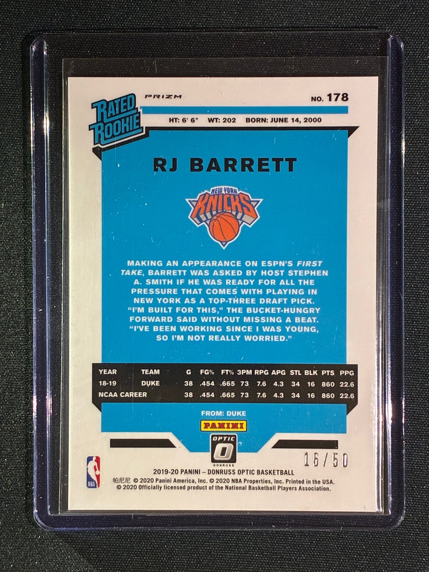 2019-20 Donruss Optic RJ BARRETT Rated Rookie Fast Break Blue 16/50 #178