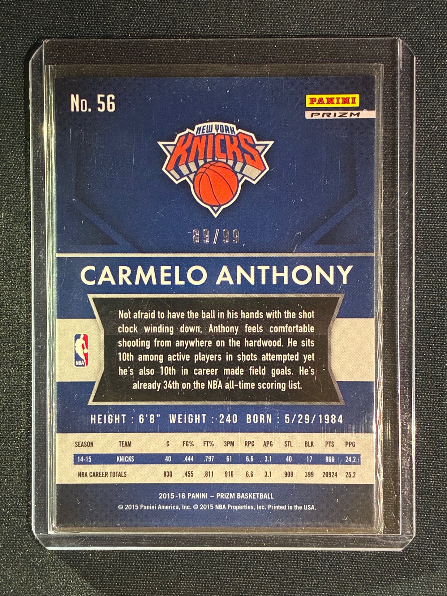 2015-16 Prizm CARMELO ANTHONY Purple Prizm 89/99 #56