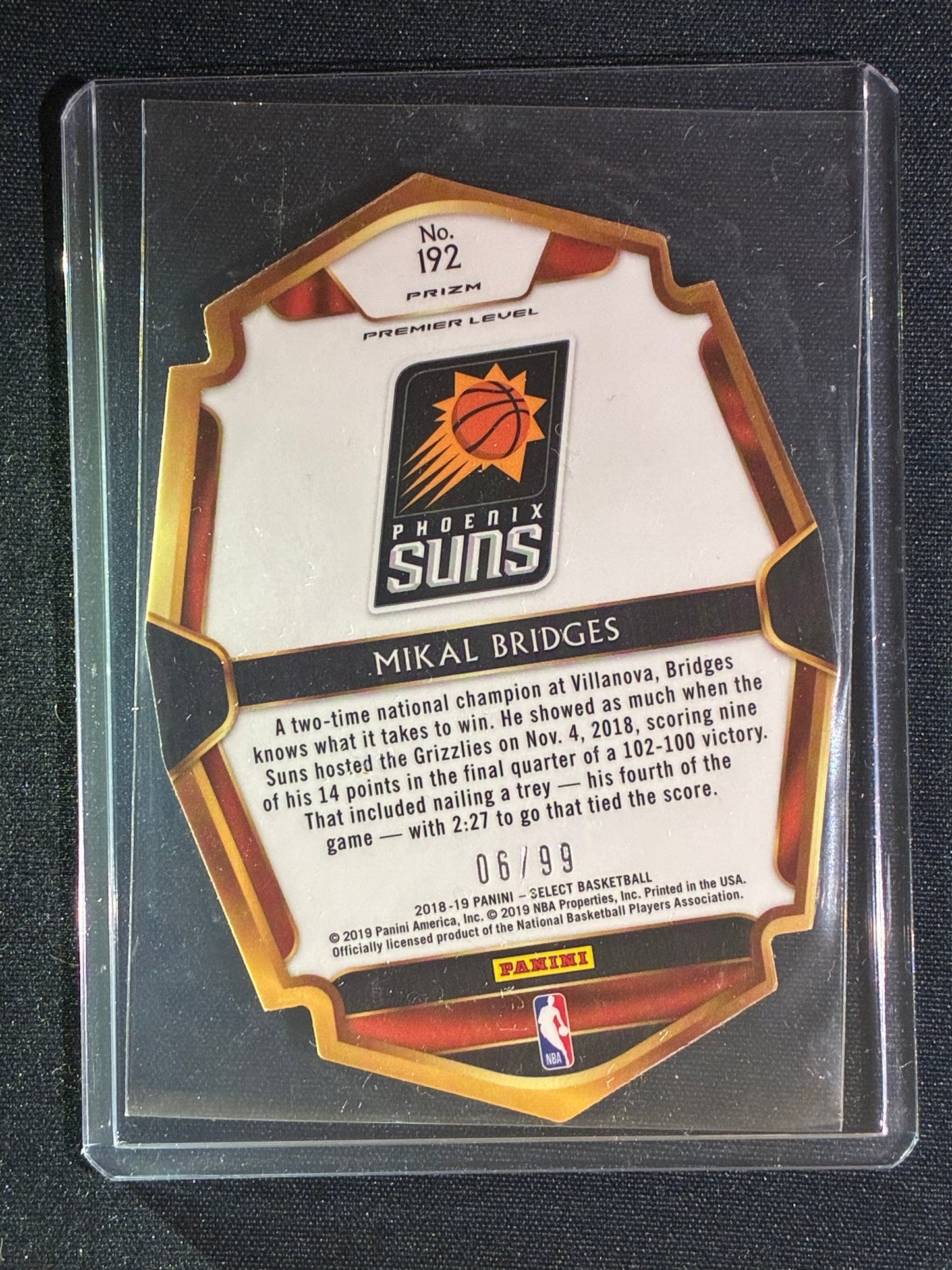 2018-19 Select MIKAL BRIDGES Premier Level Rookie Purple Prizm Die-Cut 6/99 #192