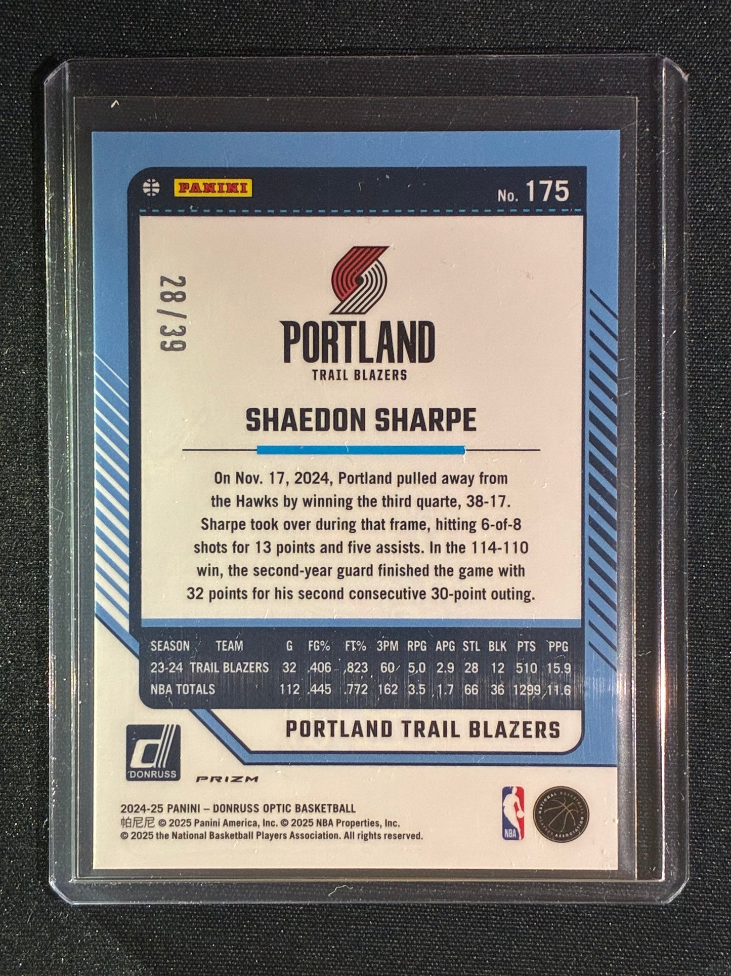 2024-25 Donruss Optic SHAEDON SHARPE Black Velocity 28/39 #175