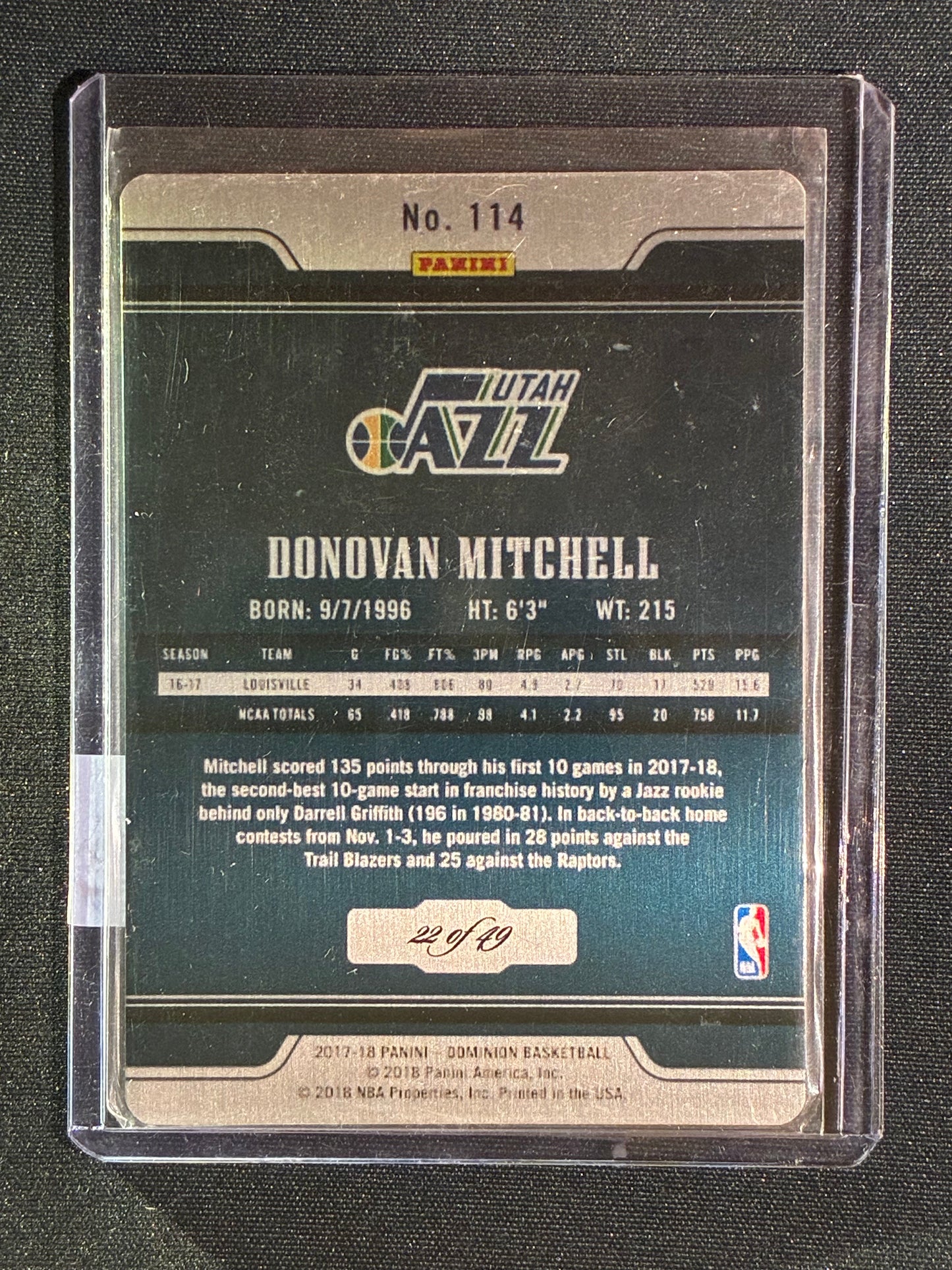 2017-18 Dominion DONOVAN MITCHELL Rookie Metal Copper Bronze 22/49 #114