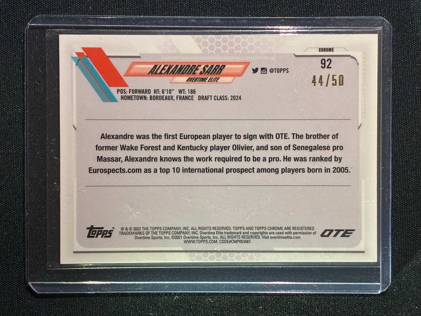 2021-22 Topps Chrome OTE ALEXANDRE SARR Rookie Gold Refractor 44/50 #92