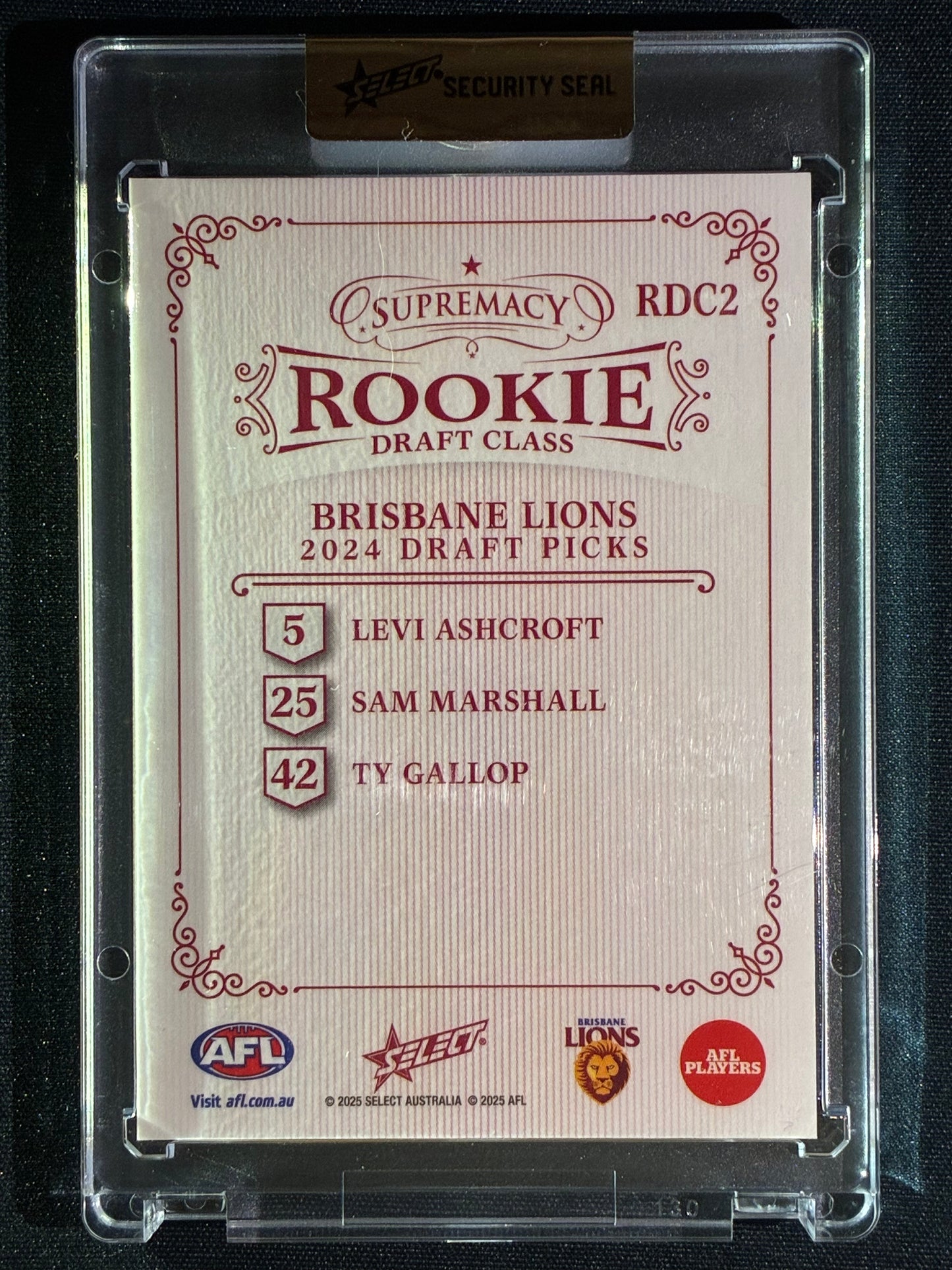 2025 Select Supremacy BRISBANE LIONS 2024 Rookie Draft Class 34/50 #2 LEVI ASHCROFT