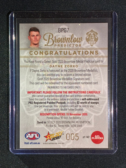 2020 Select Footy Stars DAYNE ZORKO Brownlow Predictor Gold 005/140 #7