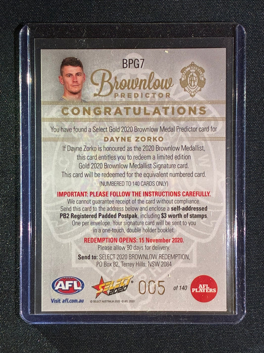 2020 Select Footy Stars DAYNE ZORKO Brownlow Predictor Gold 005/140 #7