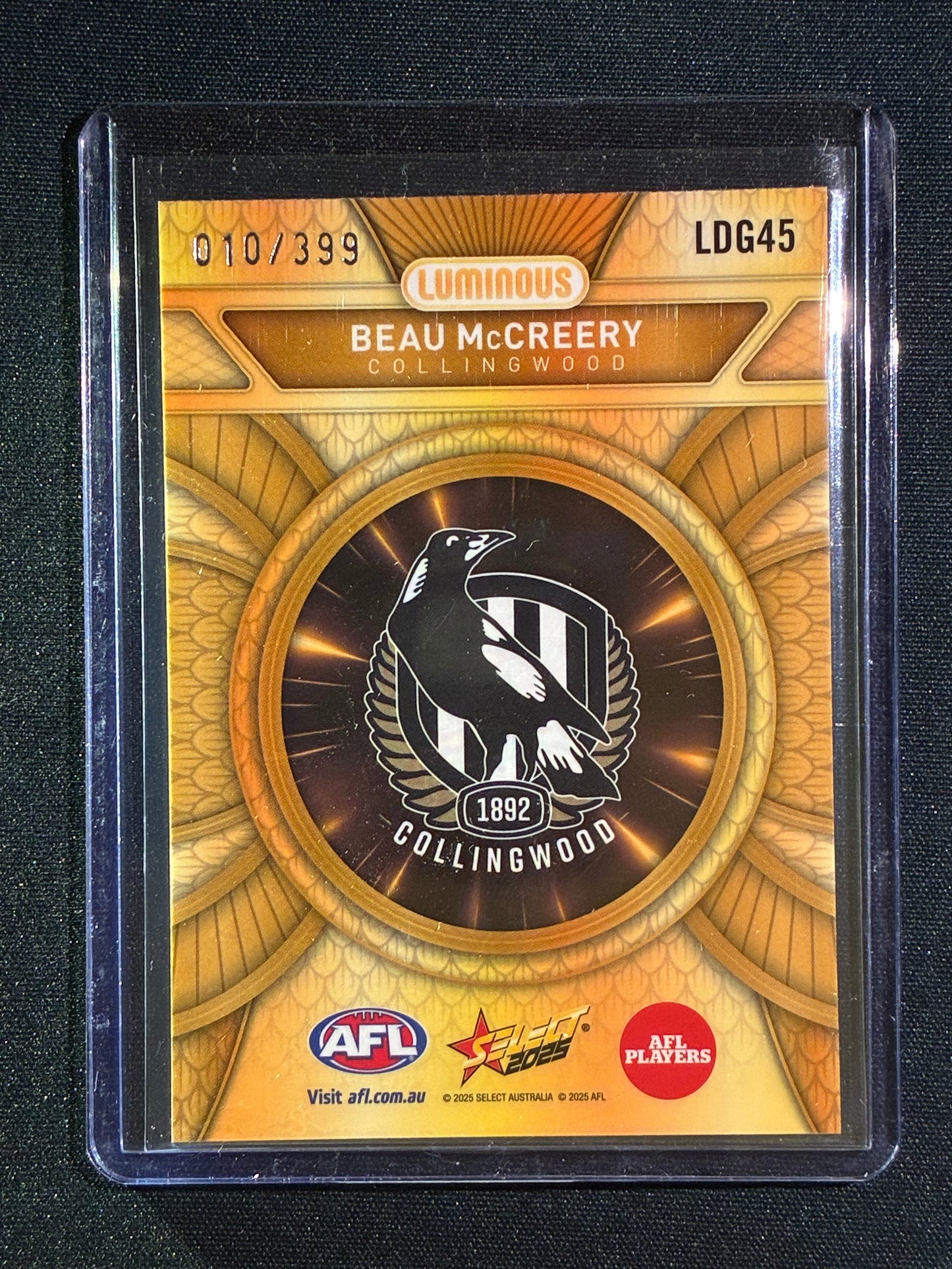 2025 Select Footy Stars BEAU MCCREERY Luminous Dragon Scales Refractor Gold 010/399 #45