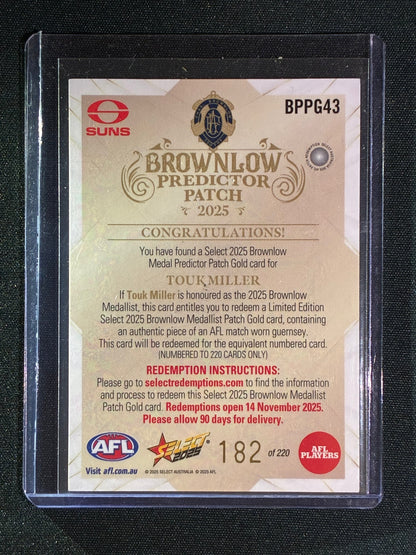 2025 Select Footy Stars TOUK MILLER Brownlow Predictor Patch Gold 182/220 #43