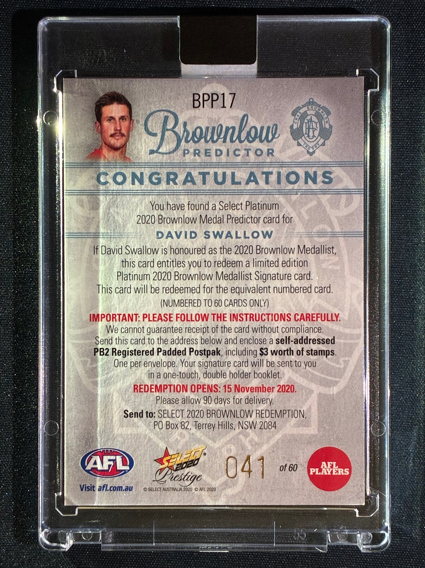 2020 Select Footy Stars Prestige DAVID SWALLOW Brownlow Predictor Platinum 041/60 #17