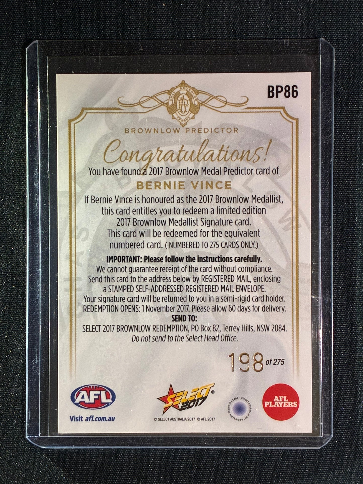 2017 Select Footy Stars BERNIE VINCE Brownlow Predictor Gold 198/275 #86