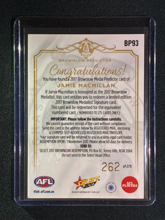 2017 Select Footy Stars JAMIE MACMILLAN Brownlow Predictor Gold 262/275 #93