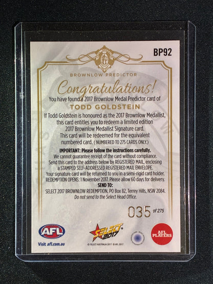 2017 Select Footy Stars TODD GOLDSTEIN Brownlow Predictor Gold 035/275 #92
