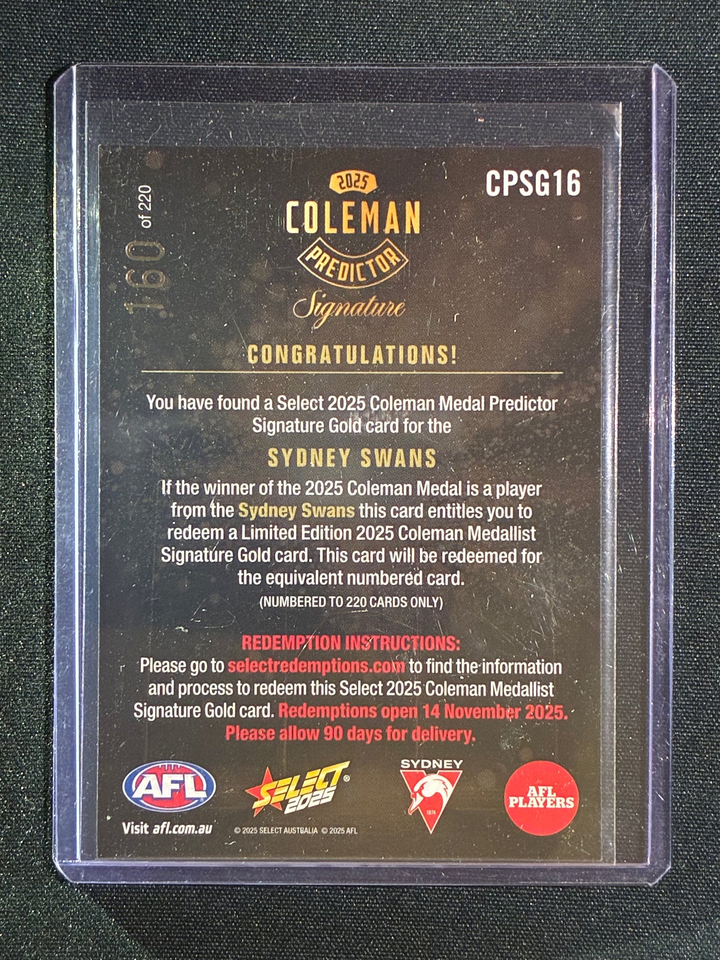 2025 Select Footy Stars SYDNEY SWANS Coleman Medal Predictor Signature Gold 160/220 #16